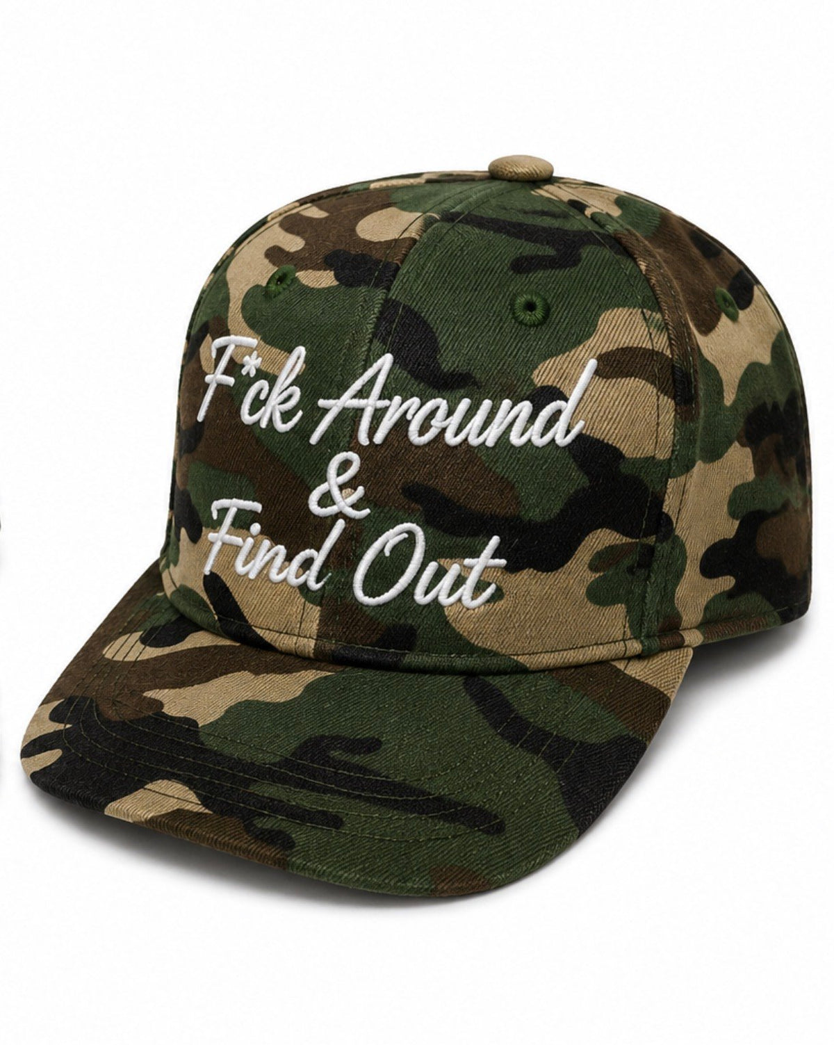 F*ck Around & Find Out cursive SnapBack camo hat