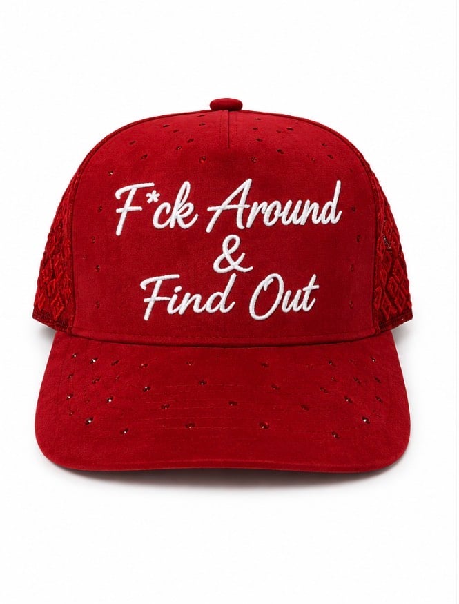 F*ck Around & Find Out cursive rhinestones red SnapBack