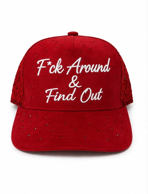 F*ck Around & Find Out cursive rhinestones red SnapBack
