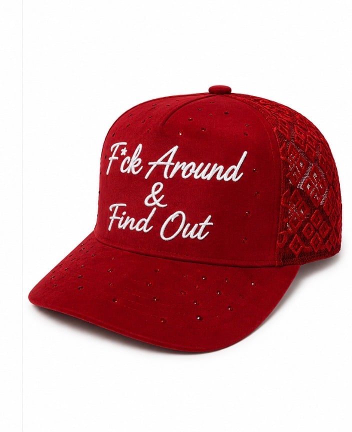 F*ck Around & Find Out cursive rhinestones red SnapBack