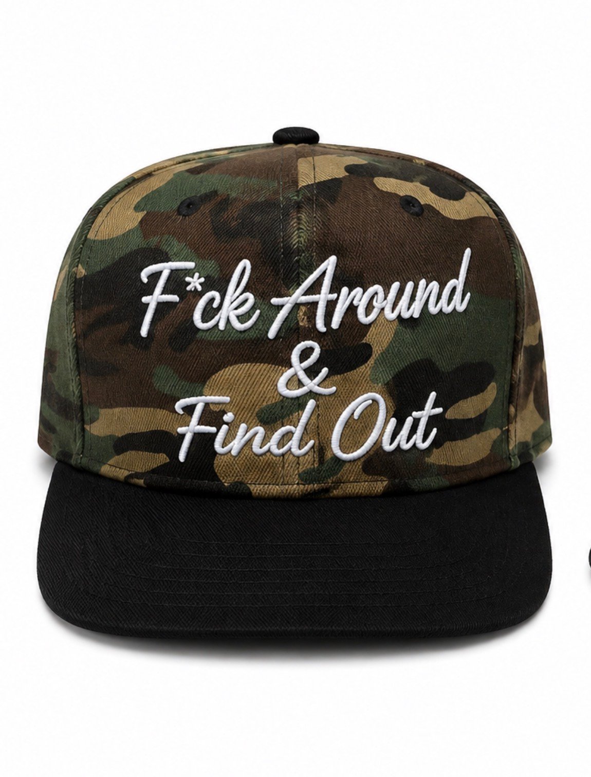 F*ck around & find out cursive snapback camo