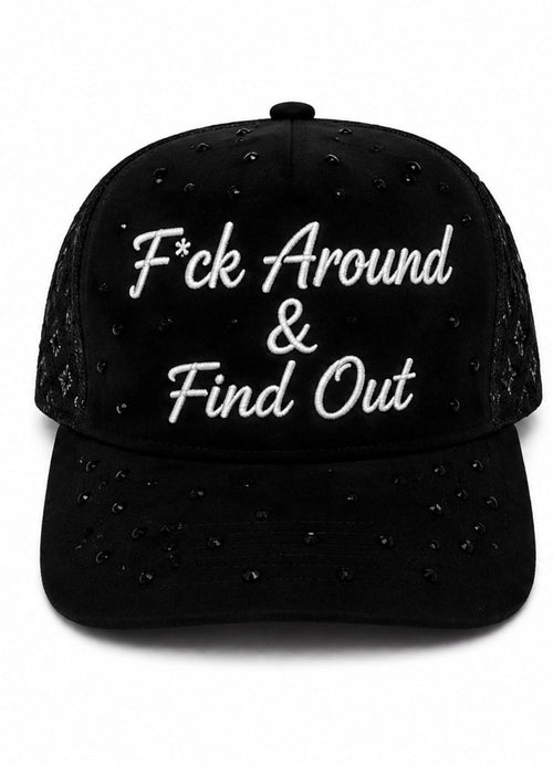 F*ck Around & Find Out cursive rhinestones Snapback black