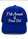 F*ck Around & Find Out Cursive rhinestones Snapback blue