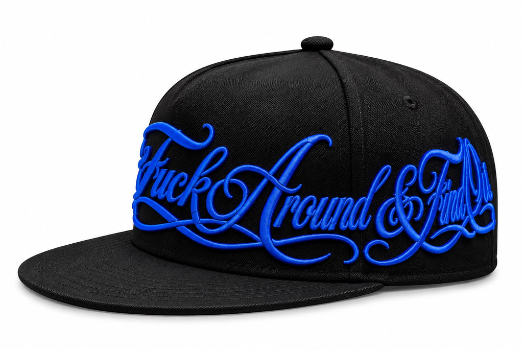 FAFO black snapback hat with blue embroidery - angled view