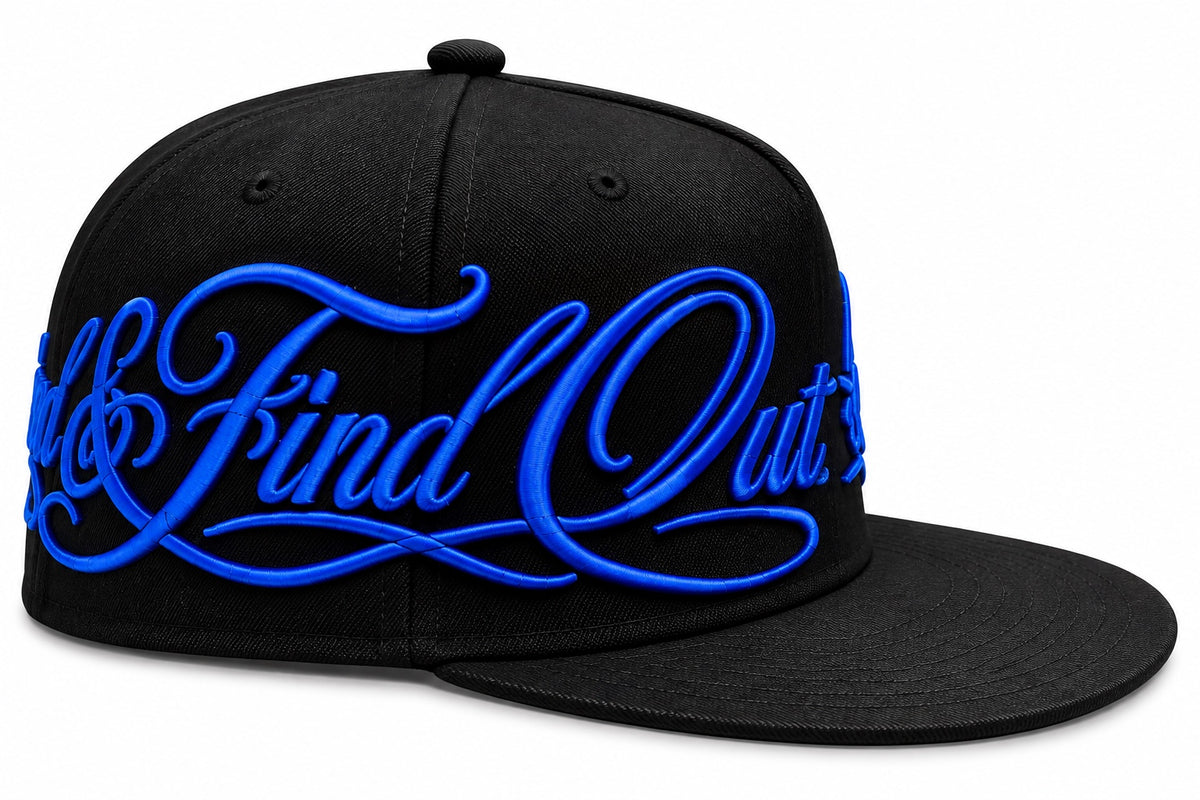 FAFO black snapback hat with blue embroidery - side angle
