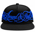 FAFO black snapback hat with blue F*ck Around & Find Out embroidery - front view